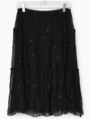 Black Flowing Sequin Midi Skirt with Sheer Overlay • EUC • Sz M